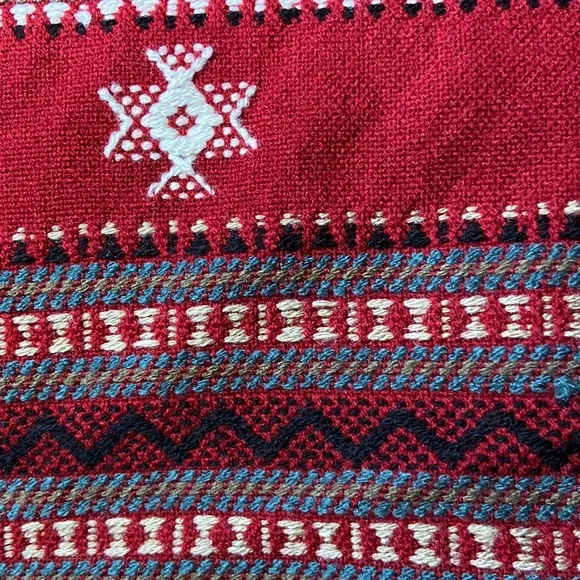 KUTCHI Hand Embroidery Striped Tasseled Mirror Work Red Woollen Shawl